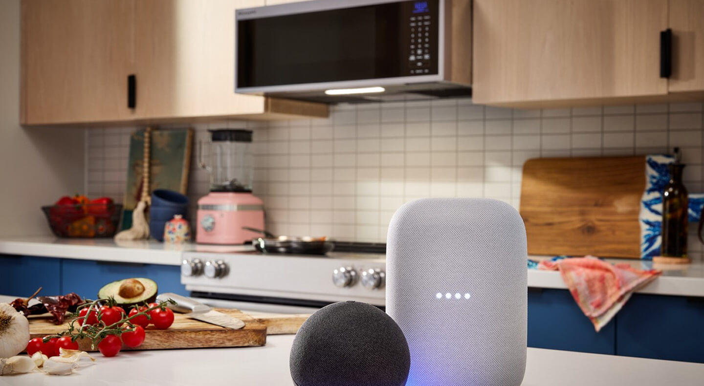 Smart devices in a kitchen with light cabinets