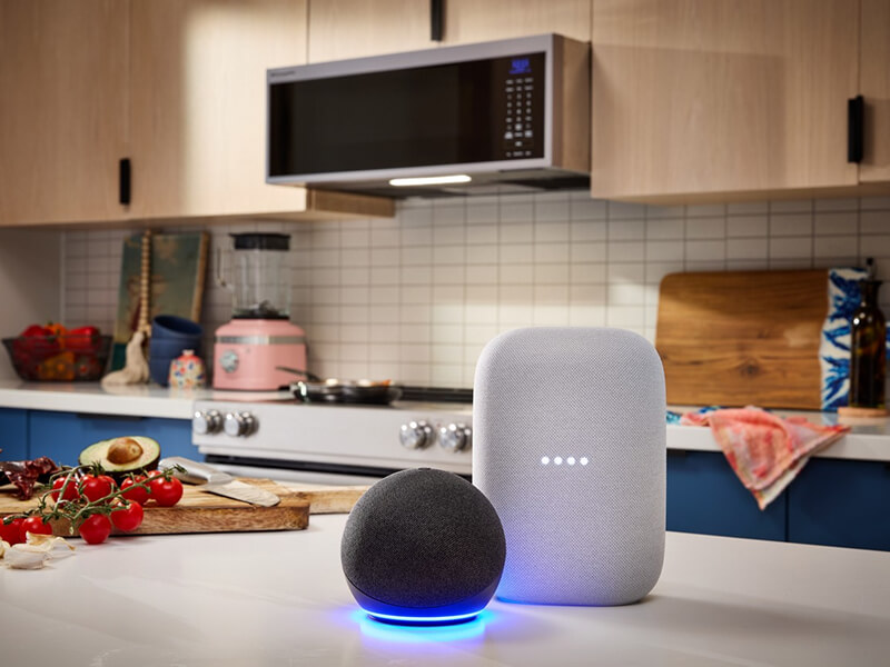 Smart devices in a kitchen with light cabinets