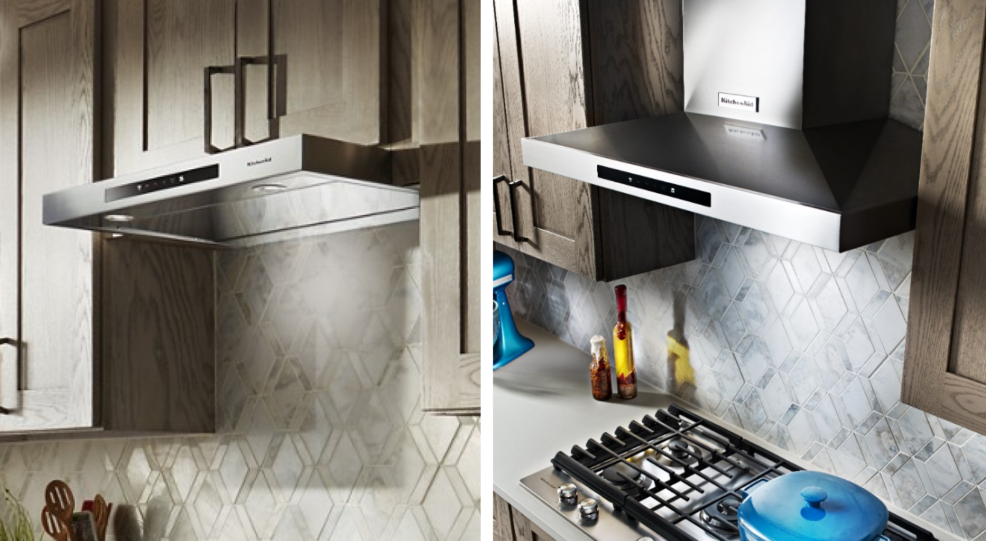 Side-by-side images of undercabinet and wall-mount range hoods
