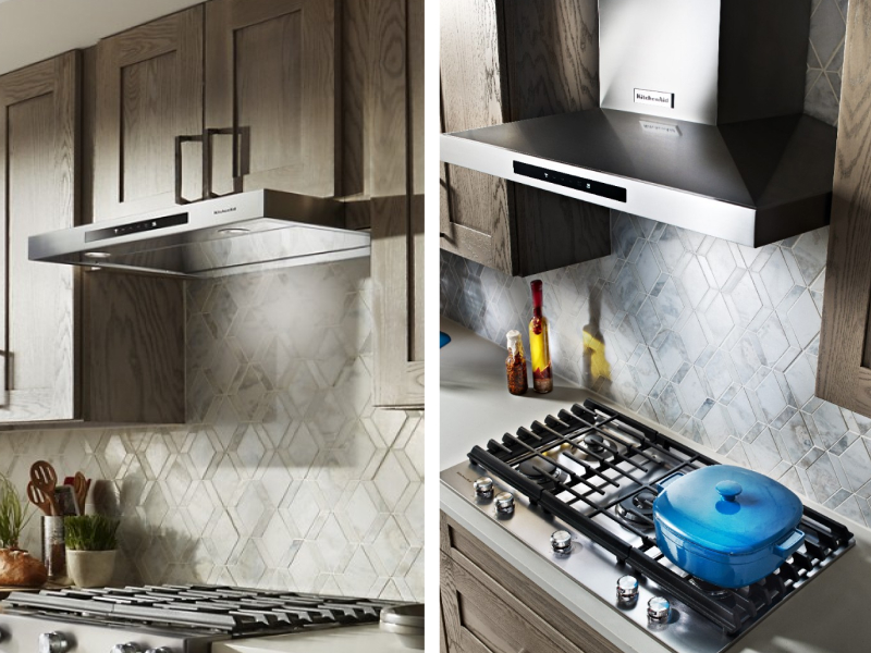 Side-by-side images of undercabinet and wall-mount range hoods