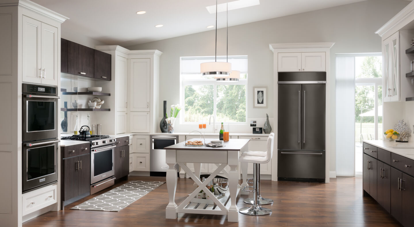 Black French door refrigerator in a modern kitchen