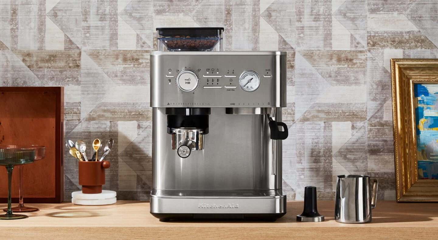 Silver KitchenAid® Semi Automatic Espresso Machine with Burr Grinder on countertop