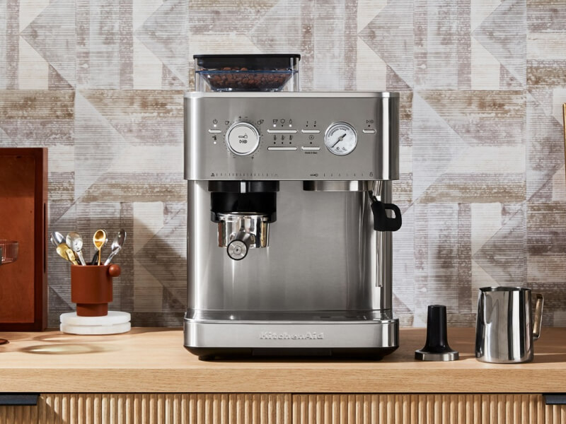 Silver KitchenAid® Semi Automatic Espresso Machine with Burr Grinder on countertop