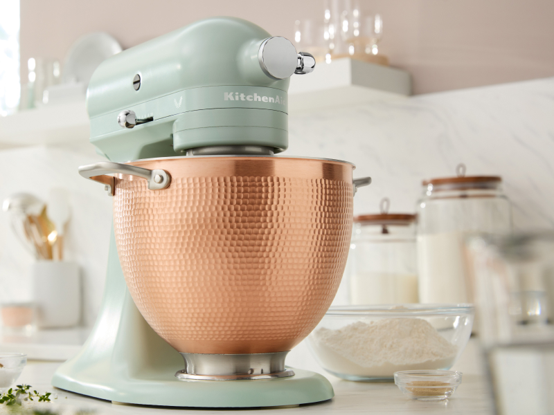Teal KitchenAid® stand mixer with copper mixing bowl