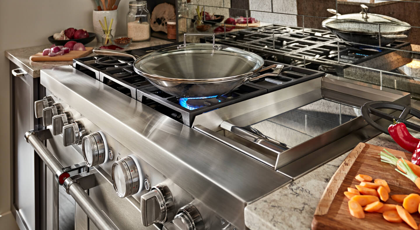 Wok on a gas range cooktop