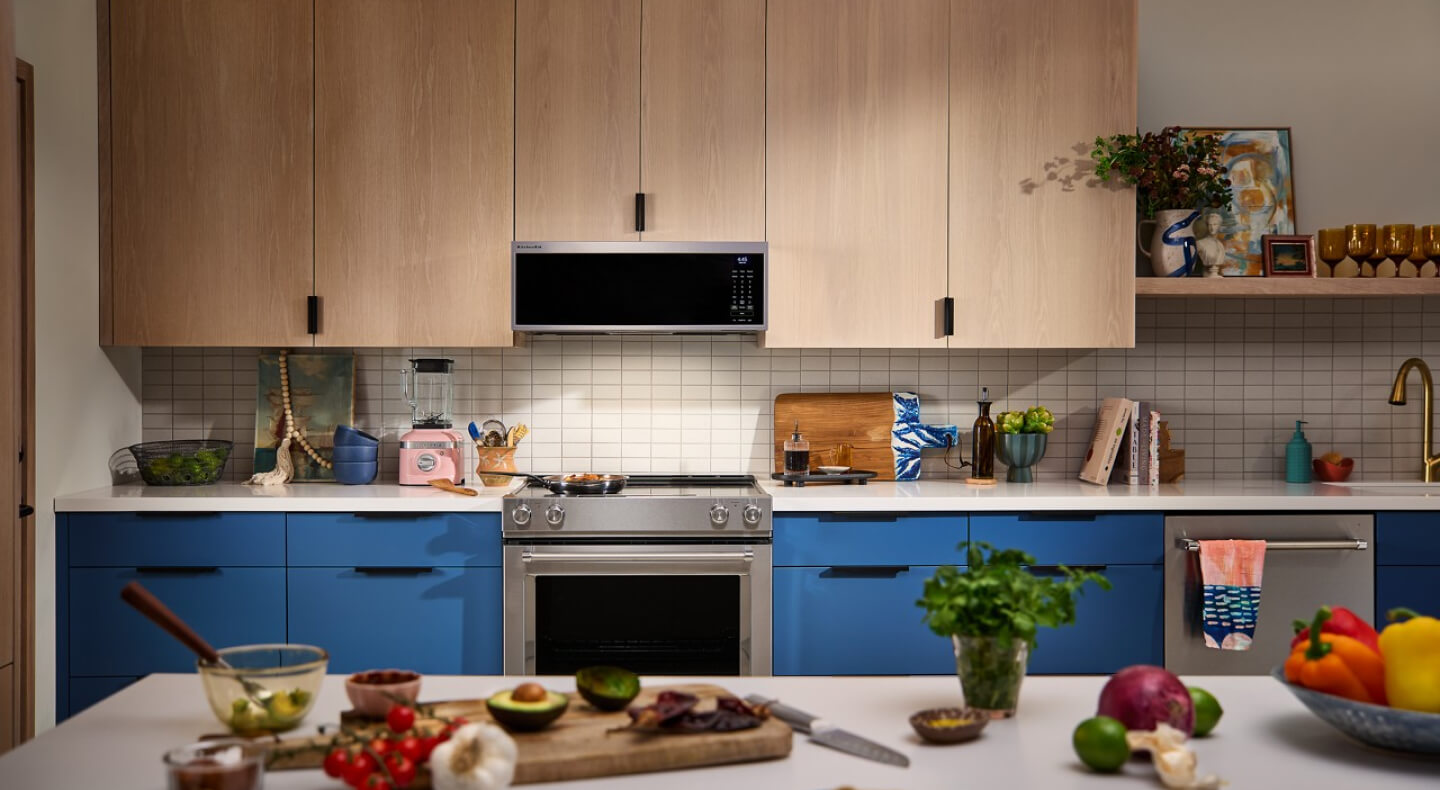 Modern kitchen with food prepped on an island