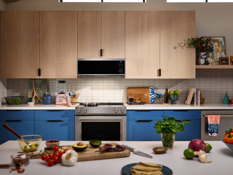 Modern kitchen with food prepped on an island