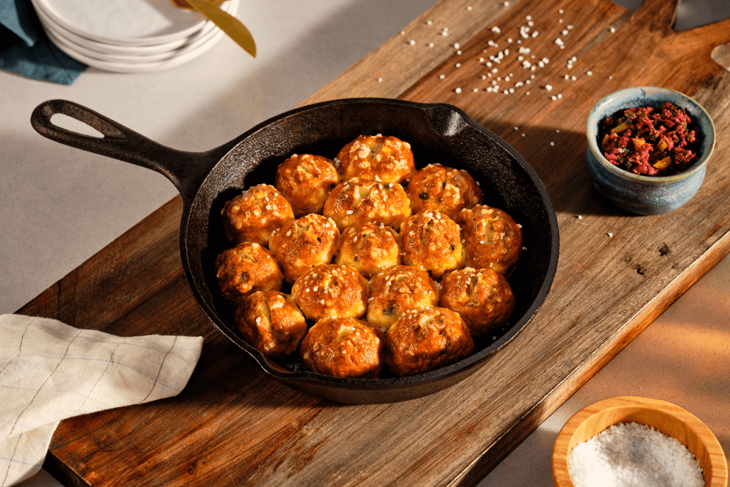 Cast iron skillet filled with meatballs on a wooden cutting board