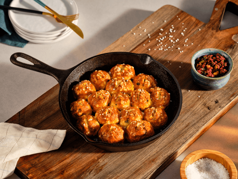 Cast iron skillet filled with meatballs on a wooden cutting board