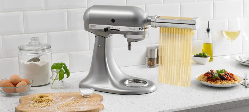Stainless steel KitchenAid® stand mixer with Pasta Maker Attachment