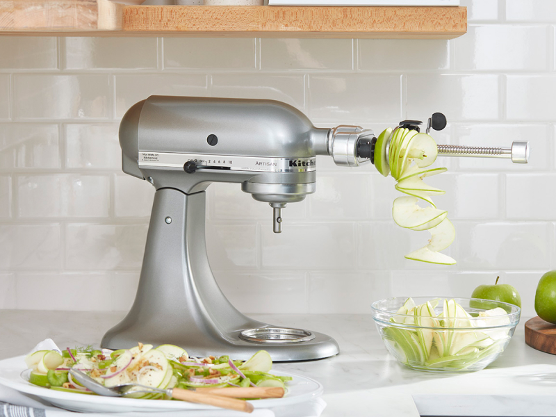 Silver KitchenAid® stand mixer with Spiralizer Attachment