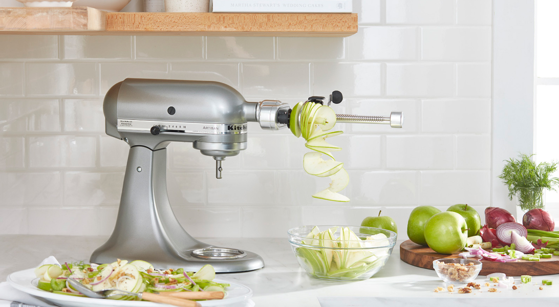 Silver KitchenAid® stand mixer with Spiralizer Attachment