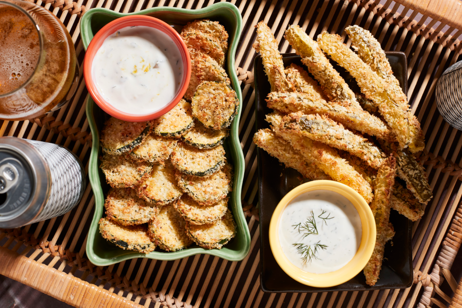 Homemade air-fried vegetables with dipping sauces.
