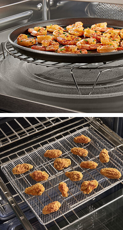Side-by-side image of shrimp on a pan and fried chicken in an air fry basket