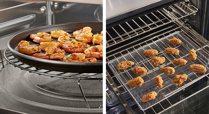 Side-by-side image of shrimp on a pan and fried chicken in an air fry basket