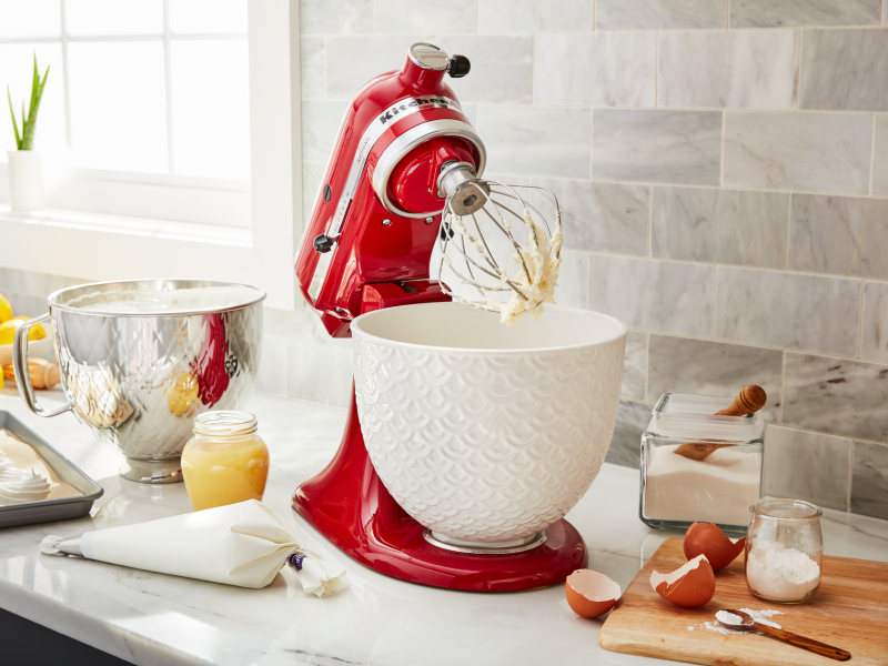 KitchenAid® stand mixer with wire whip and meringue ingredients