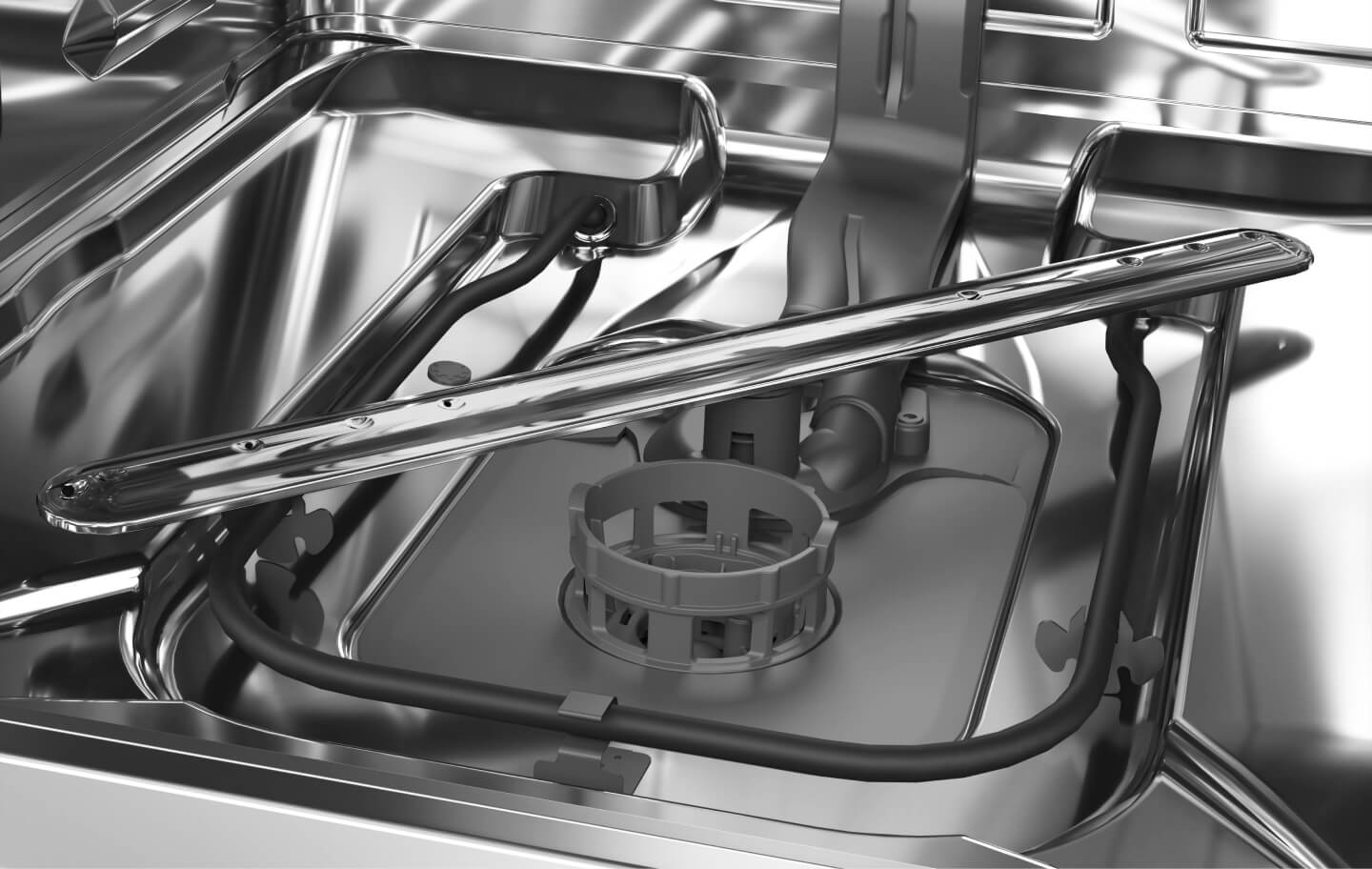 Close up of a dishwasher spray arm and filter