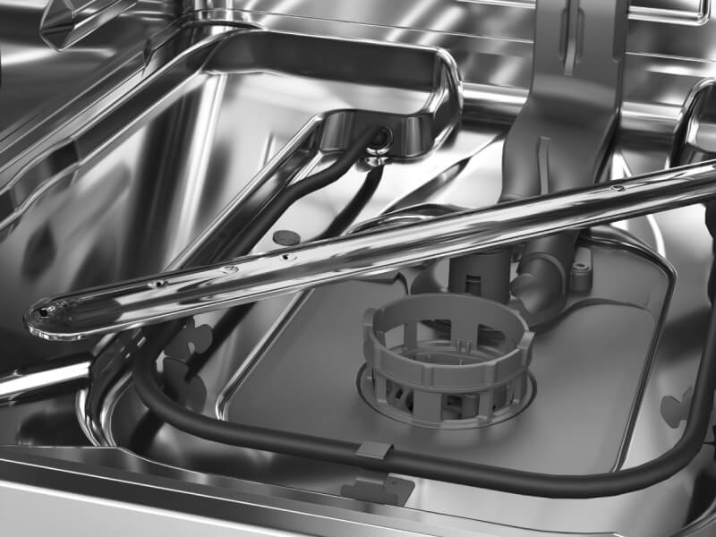 Close up of a dishwasher spray arm and filter