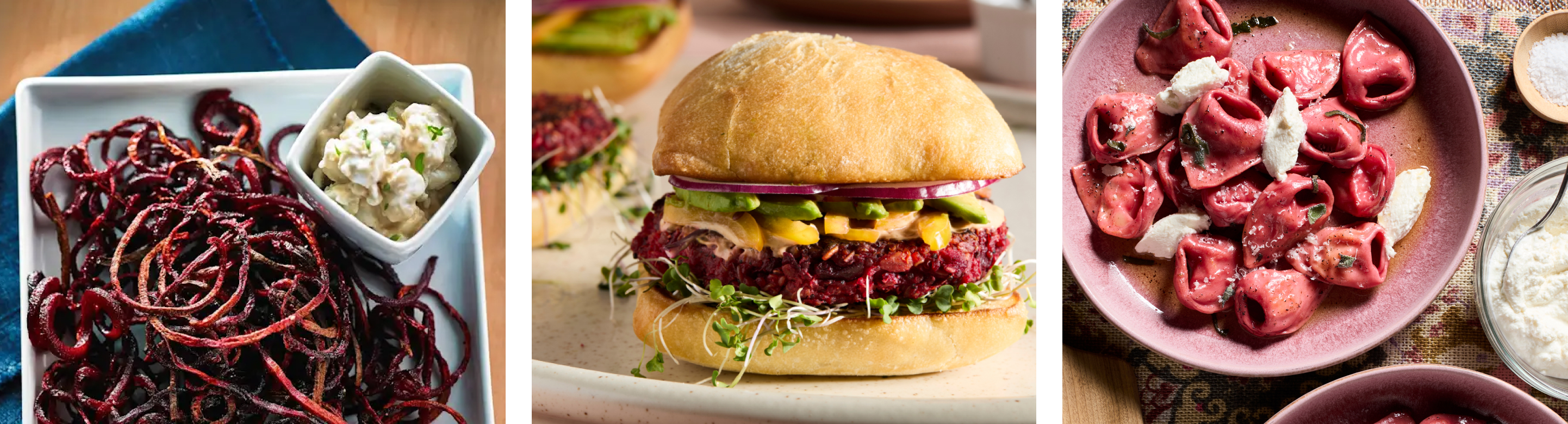 Beetroot strings and dipping sauce. Beetroot burger on white plate. Beetroot tortellini surrounded by ingredients