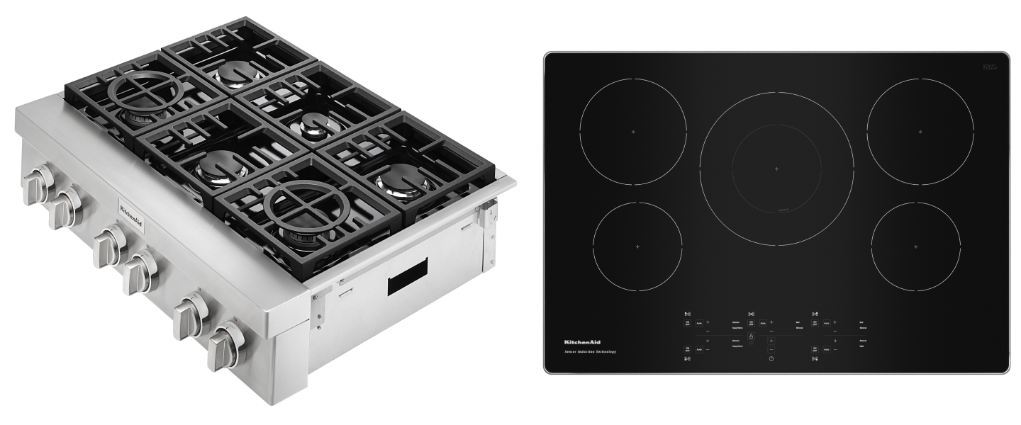 A side-view of a stainless steel KitchenAid® rangetop. A top-view of a black KitchenAid® cooktop