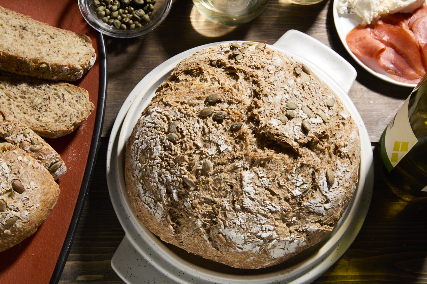 A loaf of homemade bread on a table.