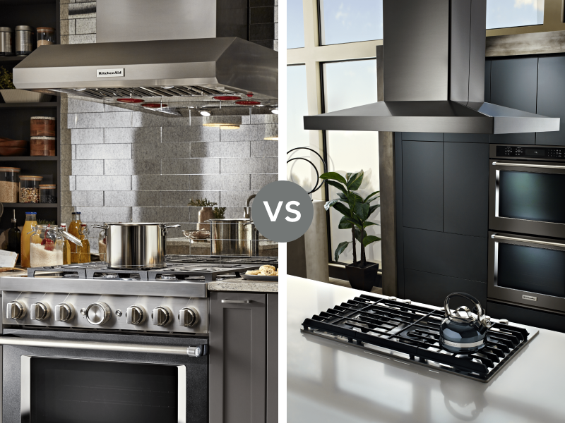 Split images of a ducted vs ductless range hood