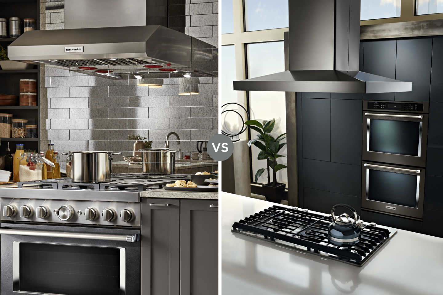 Split images of a ducted vs ductless range hood