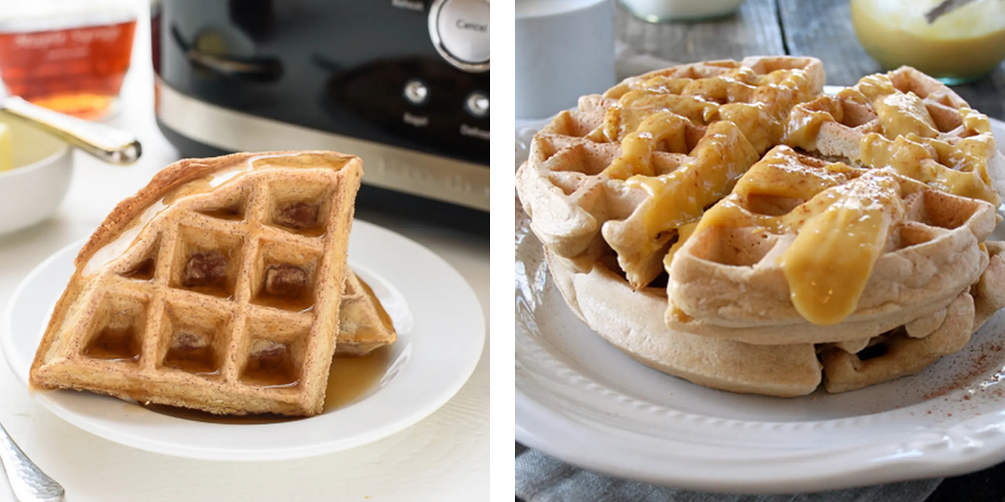 Waffles sitting on a plate drizzled with syrup and gluten-free waffles with orange curd sitting on a plate.