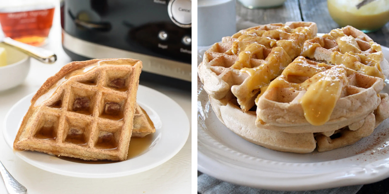 Waffles sitting on a plate drizzled with syrup and gluten-free waffles with orange curd sitting on a plate.