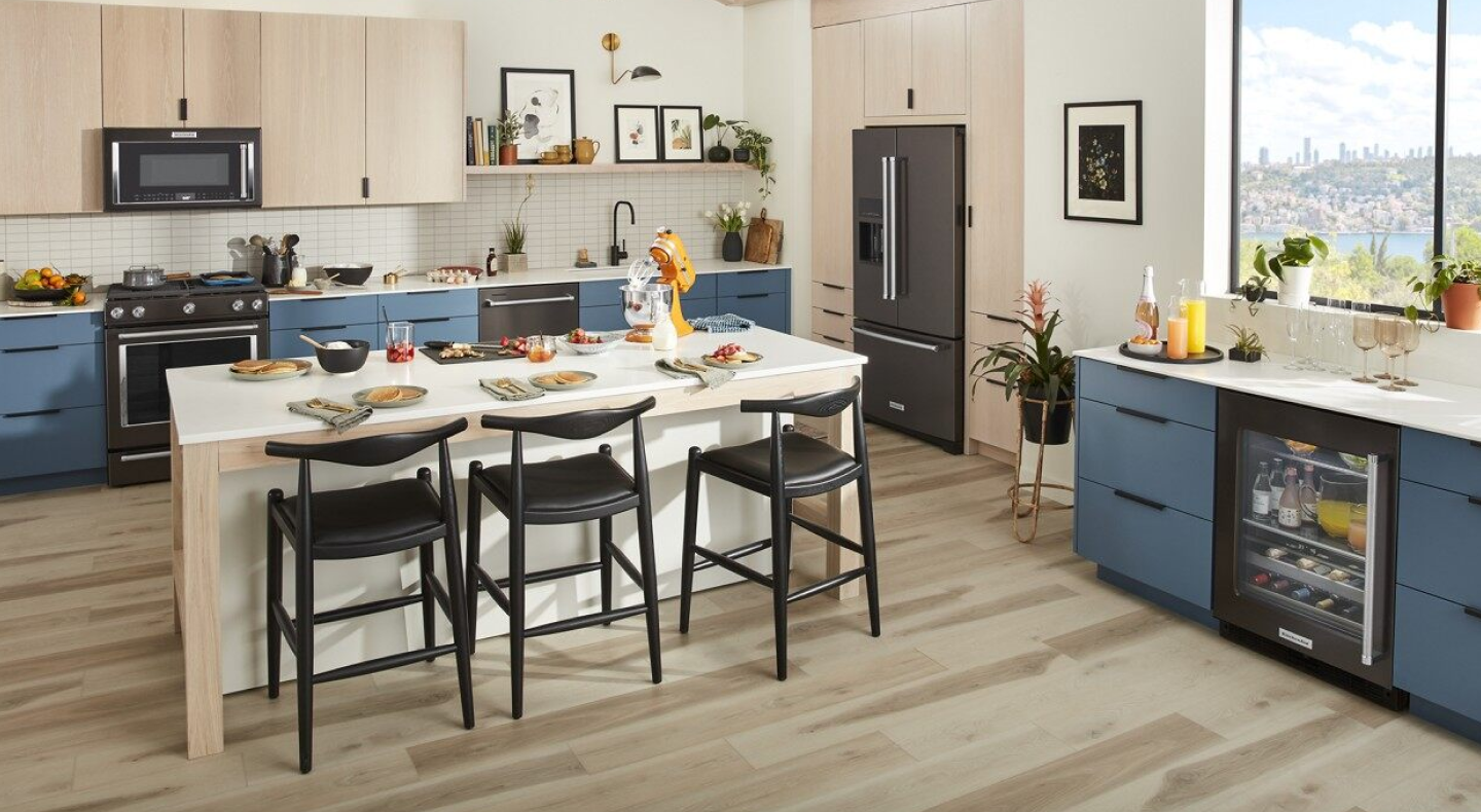 Kitchen with black stainless appliances