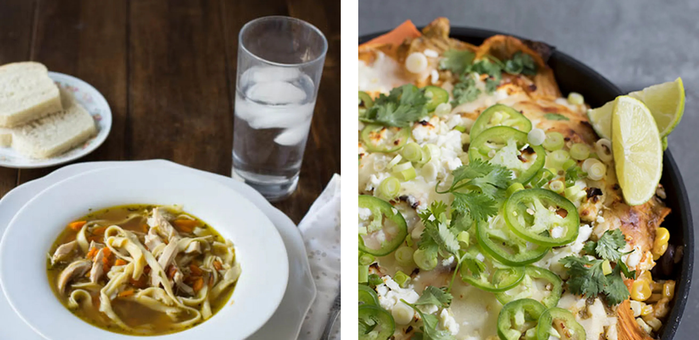 A pasta soup and enchilada bake