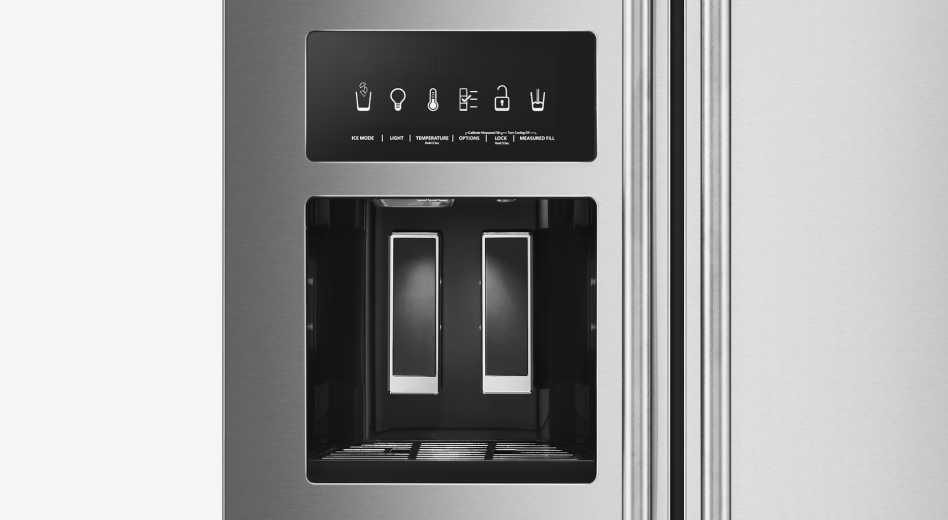 Water and ice dispenser on a stainless steel refrigerator