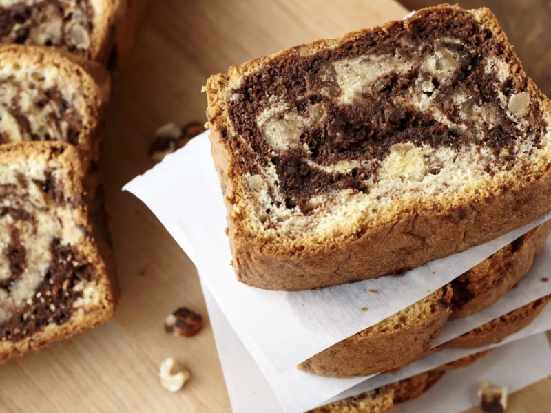 Close-up of slice of hazelnut chocolate pound cake