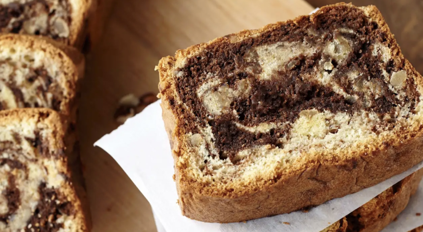 Close-up of slice of hazelnut chocolate pound cake
