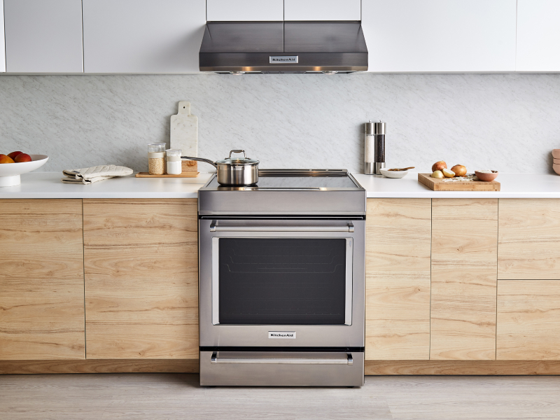 A stainless steel KitchenAid® slide-in range in a modern kitchen