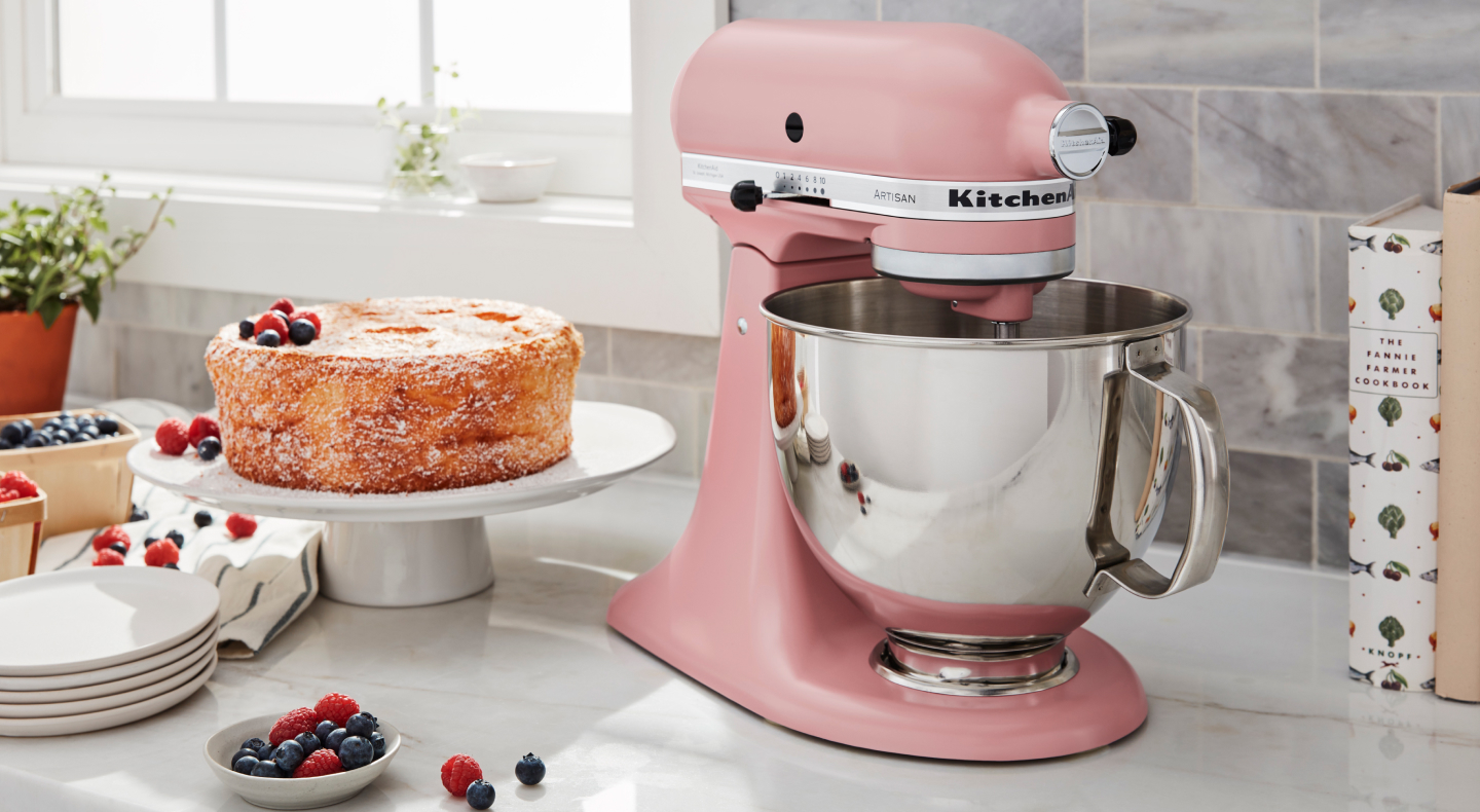 Pink KitchenAid® stand mixer on a countertop