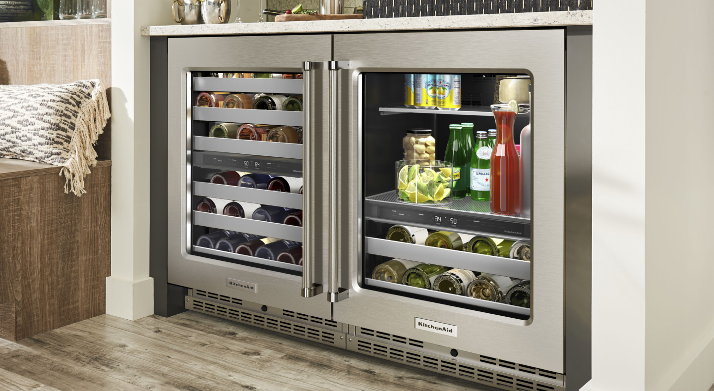 A fridge filled with drinks to pair with a charcuterie board