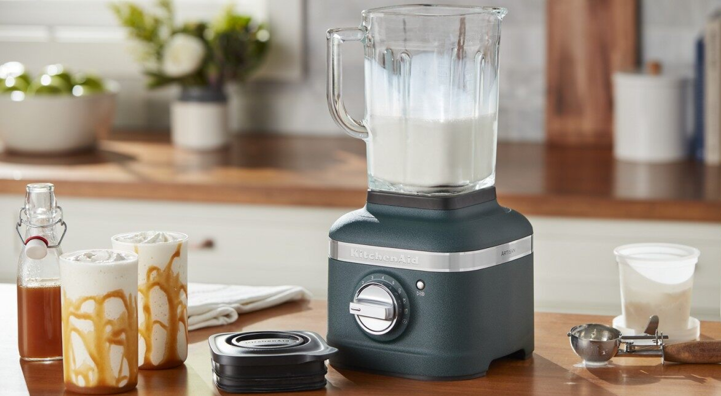 KitchenAid® blender next to two caramel frappes