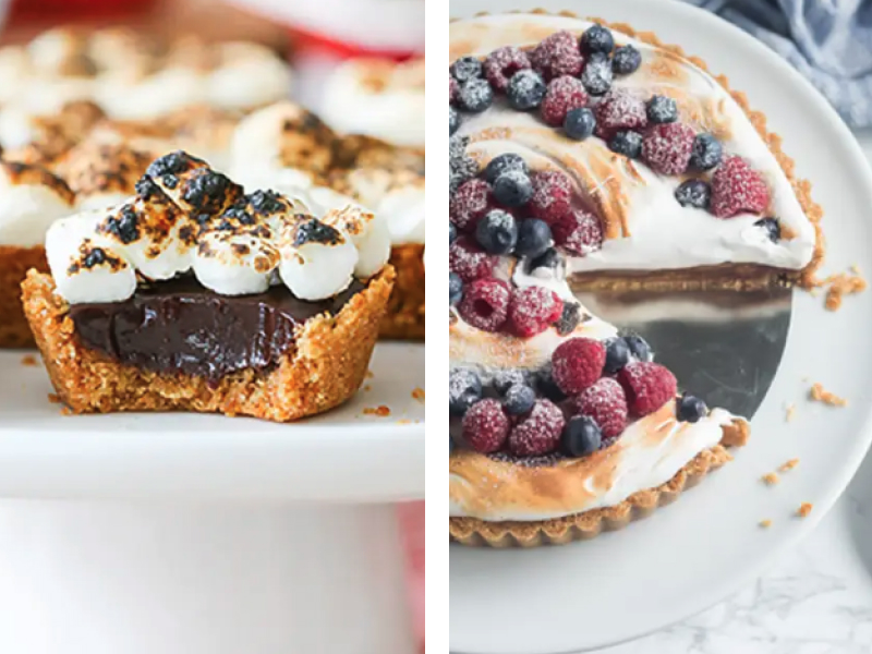 Side-by-side images of s'mores tarts and meringue pie topped with fresh fruit
