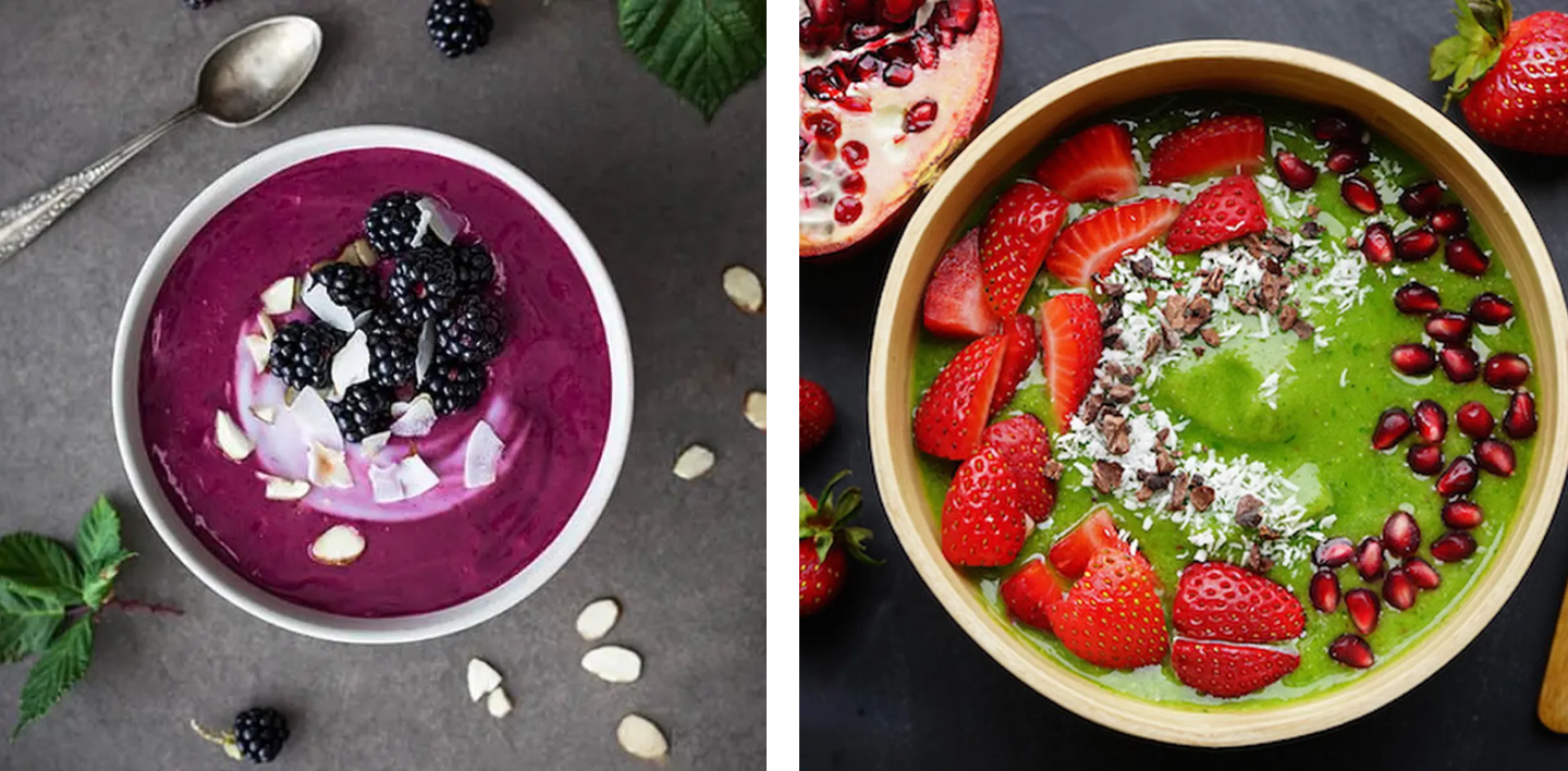 Side-by-side images of acai bowls with various fruit, nut and seed toppings