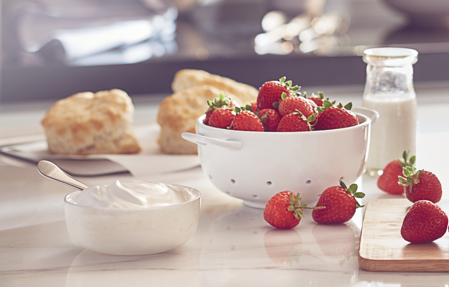 Fresh strawberries and whipped cream topping for the Belgian waffles. 