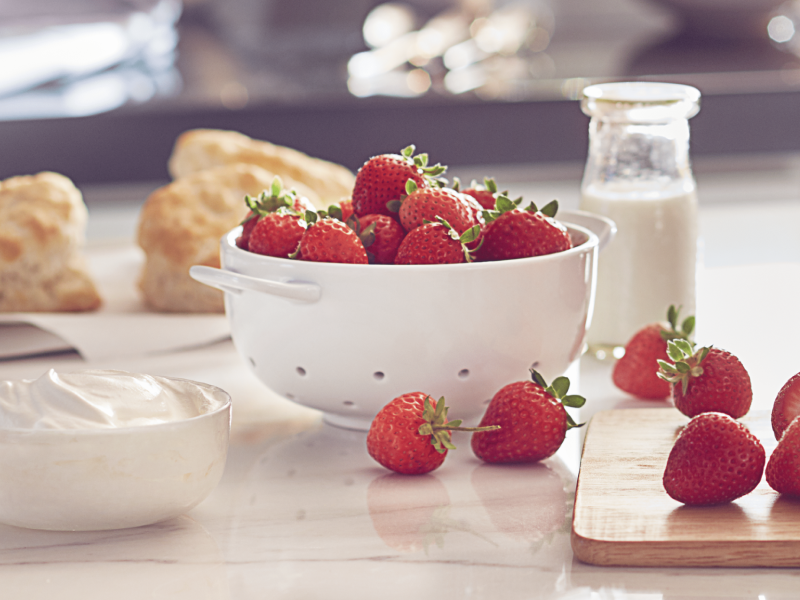 Fresh strawberries and whipped cream topping for the Belgian waffles. 