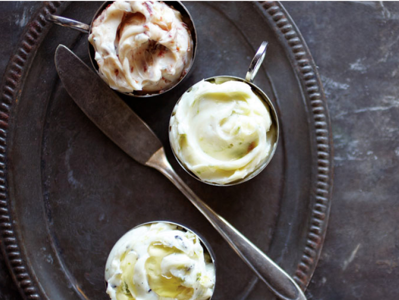 Different butters on a tray