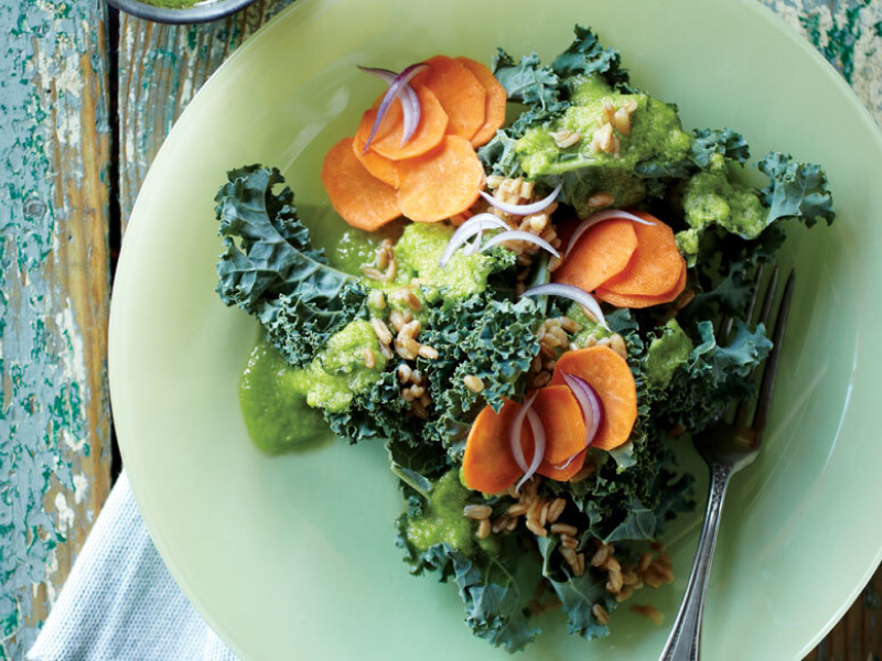 A closeup of a chopped kale salad with sliced carrots and onions.