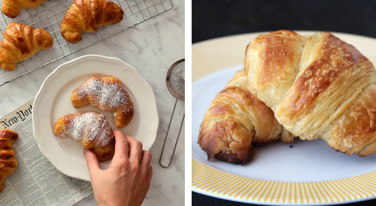Side-by-side image of two sugar dusted croissants and two plain croissants