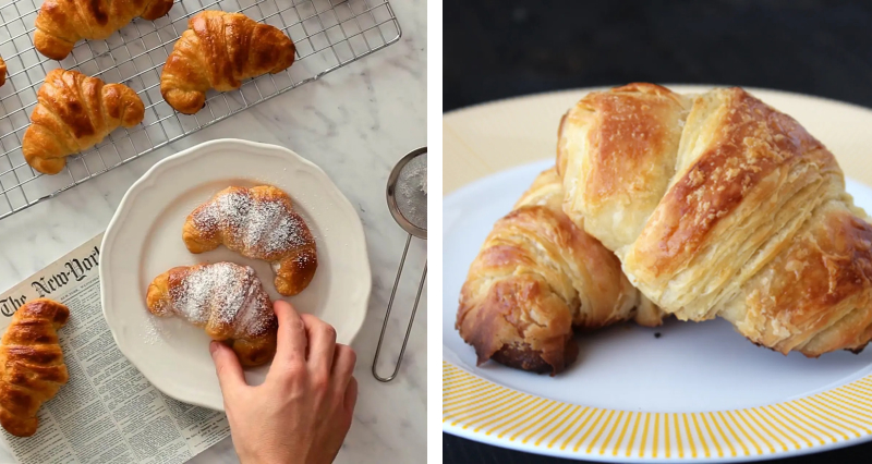 Side-by-side image of two sugar dusted croissants and two plain croissants