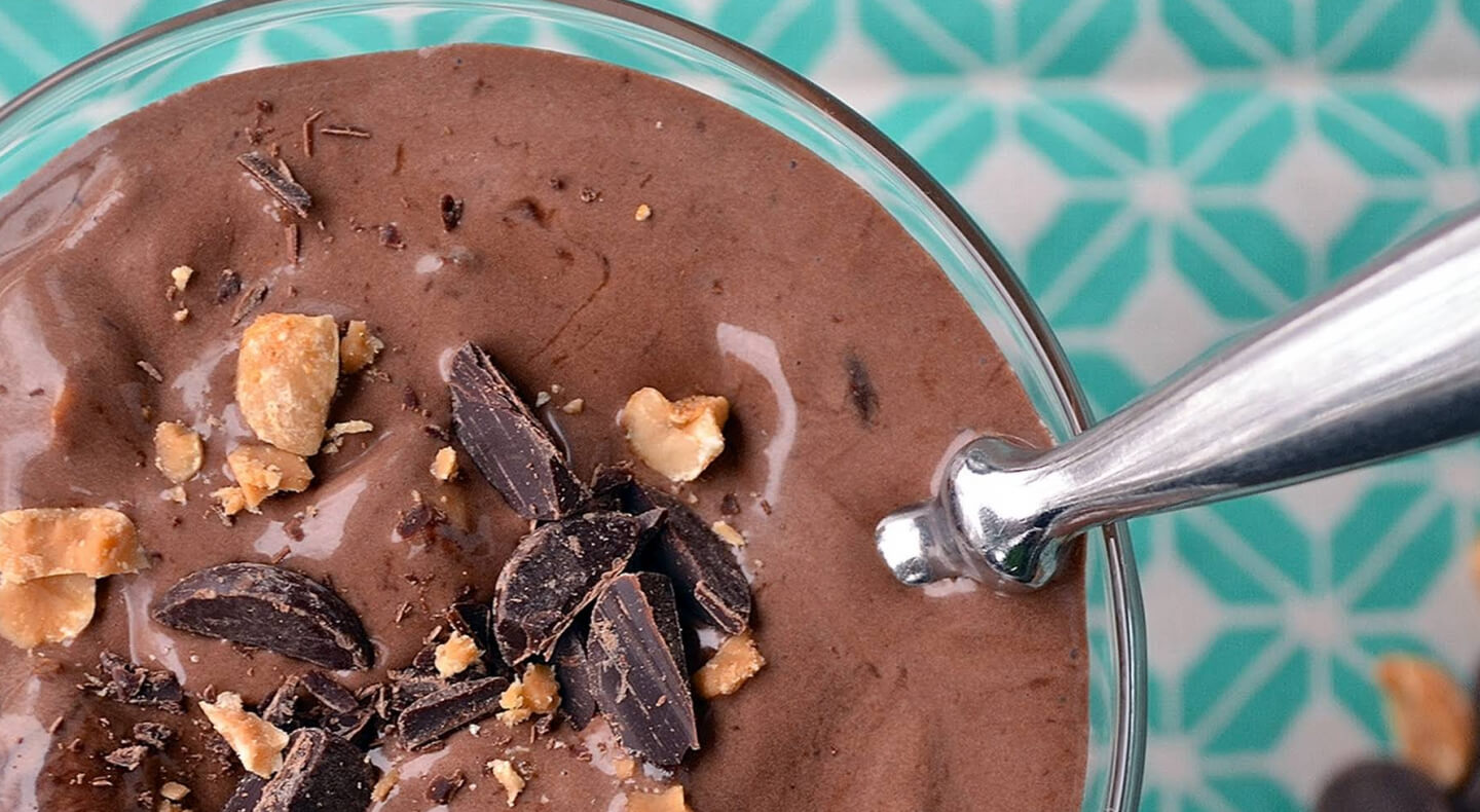 Blended chocolate beverage topped with chocolate candy