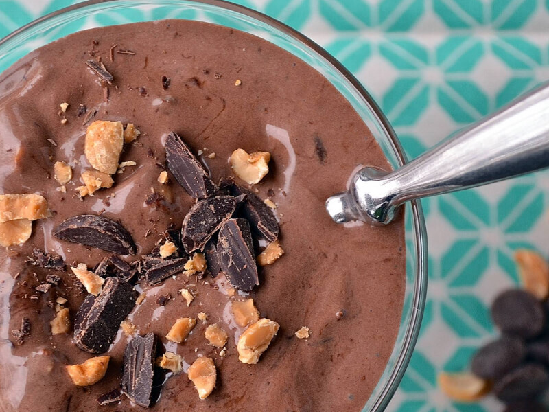 Blended chocolate beverage topped with chocolate candy
