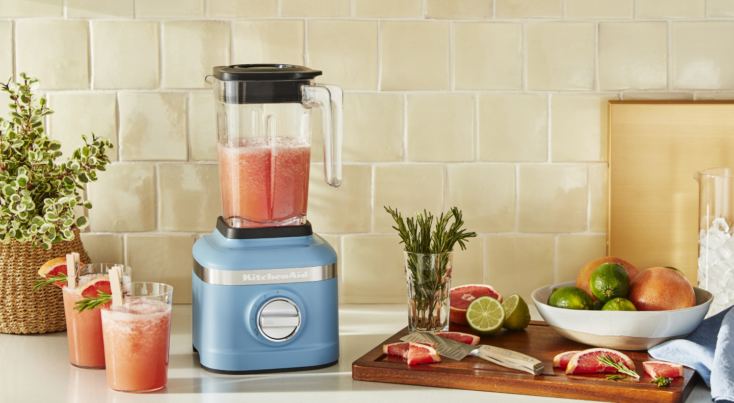 Frozen margarita in a light blue KitchenAid® blender