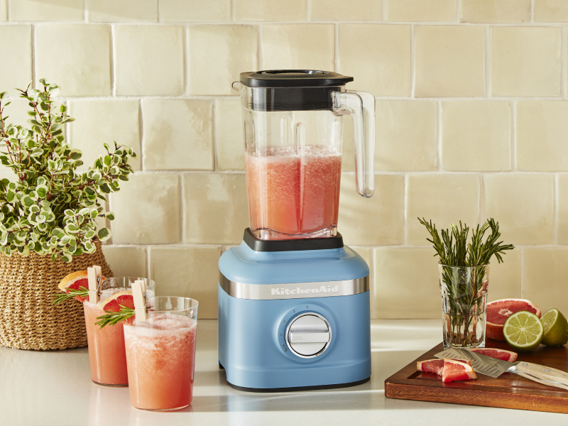 Frozen margarita in a light blue KitchenAid® blender